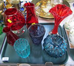 A group of Art Glass, comprising four red finish wares, comprising one jug and three vases, a blue