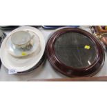 A Bakelite framed circular wall mirror, cabinet plate, eggshell porcelain cup and saucer, etc. (a