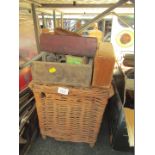 A wicker basket and contents, of furniture parts, handles, drills, etc. (a quantity)
