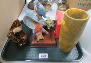 A Wade lustre finish jug, a stone vase, a kingfisher ornament, and a Massey Ferguson Tractor
