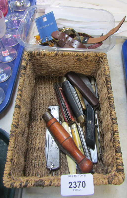 A collection of penknives and costume jewellery, comprising bone handled and horn handled penknives,