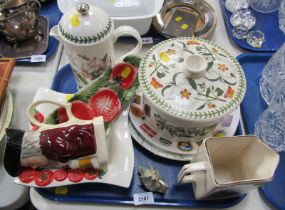 A Portmeirion coffee pot, tureen and cover, Italian tomato bowl and dish, character jug, a