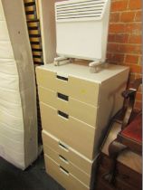 A pair of three drawer bedsides, each of white finish with beech effect front, and a panel