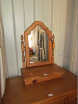 A pine dressing table mirror, with cupboard box.