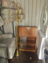 An oak bookcase with a bureau top, together with a brass finish and floral glass light shade. (2)