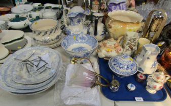 Ceramics, comprising blue and white meat plates, wash jug and bowl, teapots, blue and white
