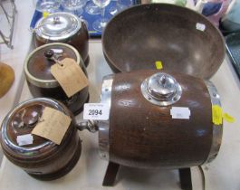 An oak spirit barrel, with plated mounts, a Seaforth Bakelite bowl, of circular form raised on three