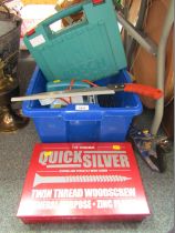 Various tools, to include Quicksilver twin thread wood screws, Black and Decker sander, Bosch drill,