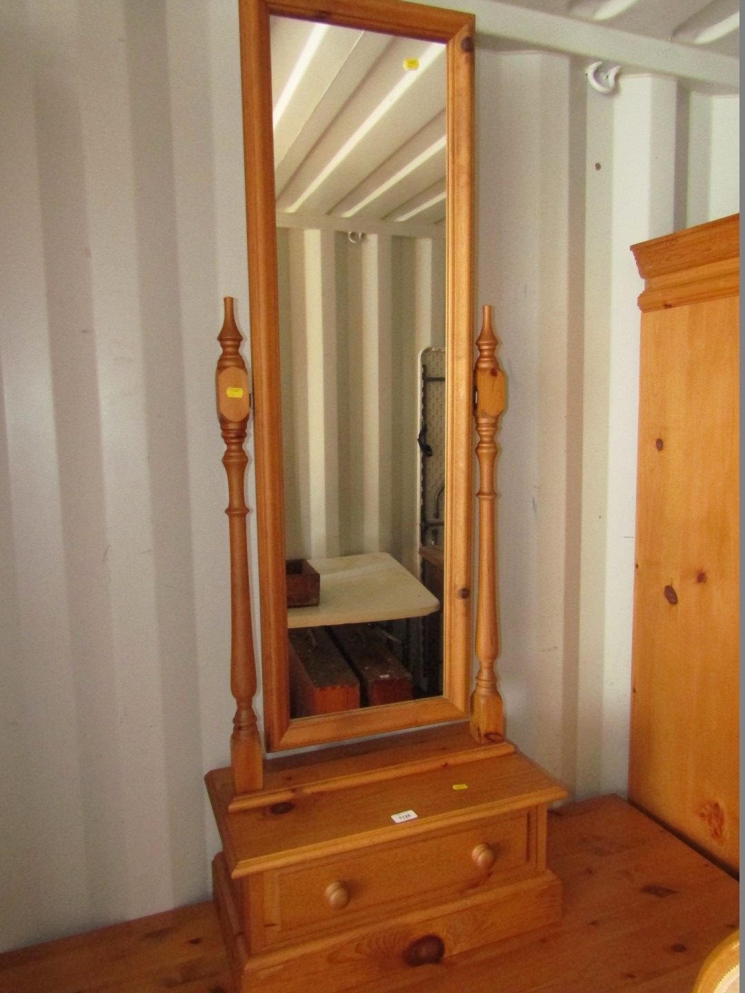 A pine cheval mirror, with single drawer to base.