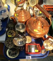 Copper and brass ware, comprising two Barker Ellis silver plated goblets, two copper kettles, and