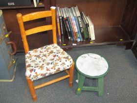 A child's ladderback chair with upholstered seat, and a small green stool. (2)