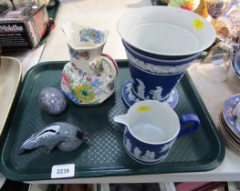 A Wedgwood blue Jasperware vase, jug, Masons Regency pattern jug, a Langham glass badger, and a