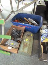 A group of assorted tools, comprising a blue metal two storey tool box, work light, pliers, hammers,