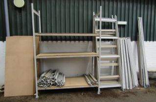 Various metal framed racking, with wooden board shelves, each 5ft wide, 8ft tall.