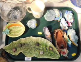 A studio pottery leaf dish, various ornamental shoes and hats, commemorative mug, glass bowl,