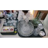 Decorative glassware, including drinking glasses, green glass wine cooler, cut glass bowl, three