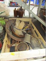 Two copper salvers, pewter teapot and tankards, etc. (1 crate)