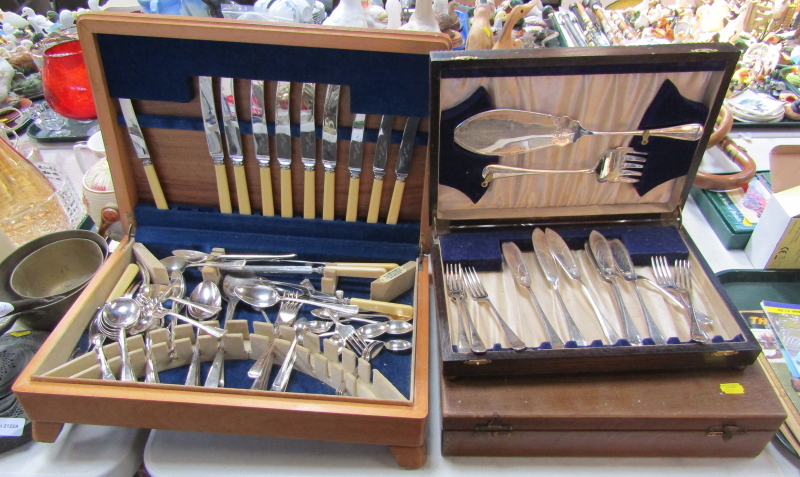 Three cutlery boxes, comprising a beech finish cutlery box with bone handled RA Jones and Sons