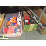 Various Nerf guns and pellets, Slazenger hockey stick, boxing gloves, etc. (2 boxes)