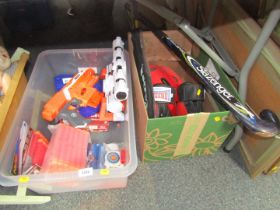 Various Nerf guns and pellets, Slazenger hockey stick, boxing gloves, etc. (2 boxes)