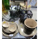 Brown glazed oven wares, fruit bowl, cat plates, cat ornaments, a Nashika camera, Basil pottery