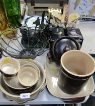 Brown glazed oven wares, fruit bowl, cat plates, cat ornaments, a Nashika camera, Basil pottery
