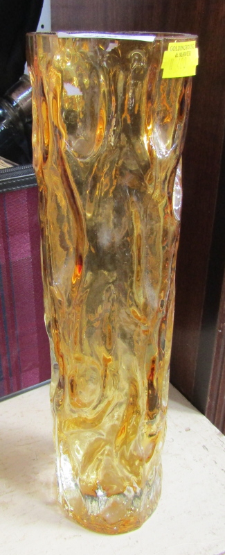 A Whitefriars style vase, of amber tinted cylindrical form, with moulded bark work decoration,