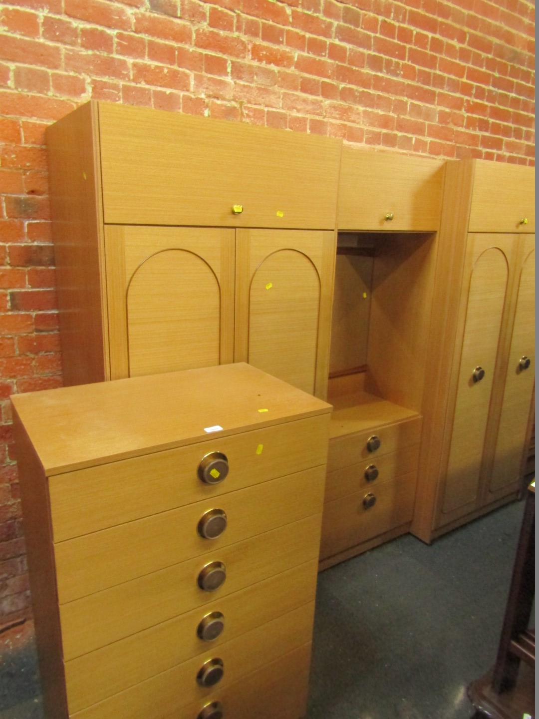 A Stateroom bedroom suite, comprising two drawer wardrobe (x 2), a six drawer chest, and a display