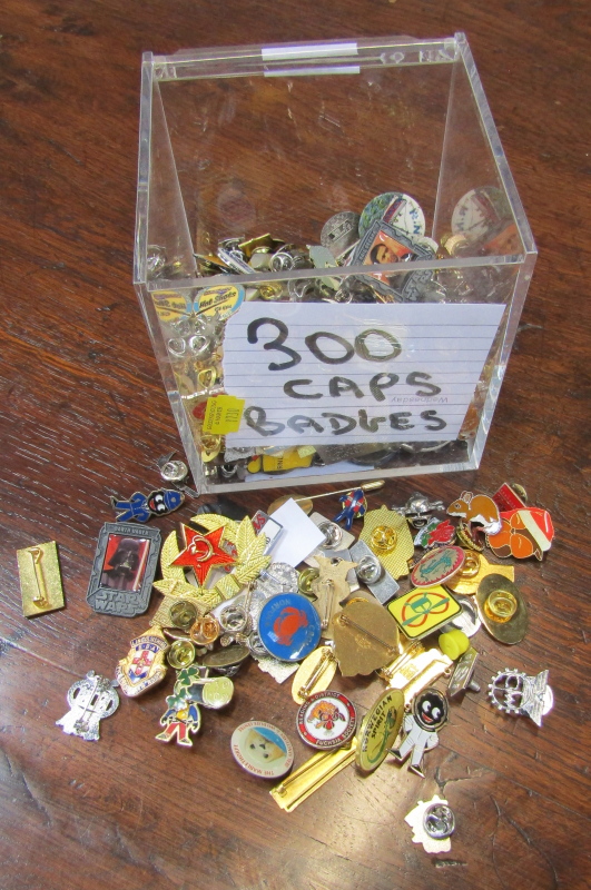 A collection of pin badges.