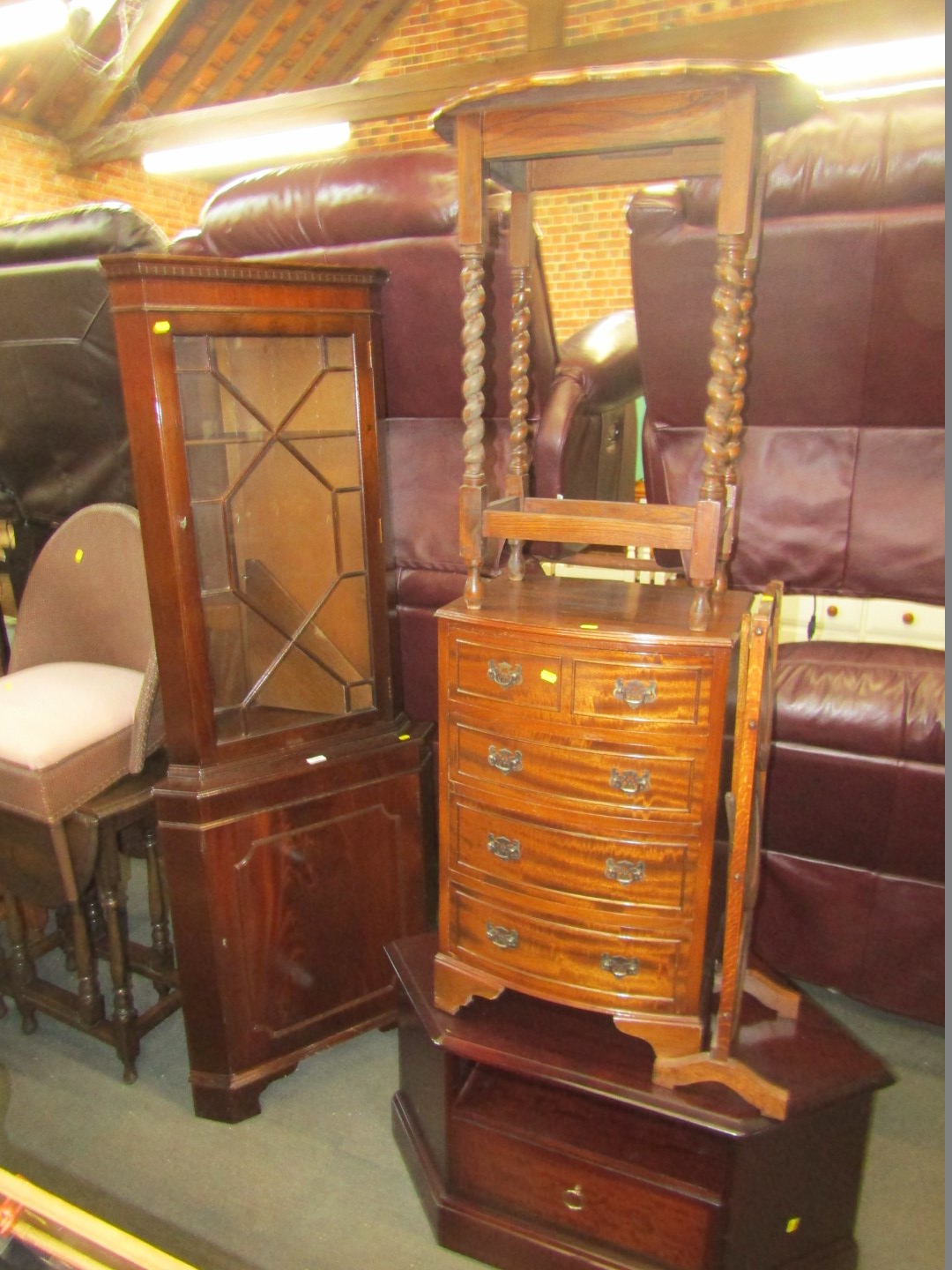 Assorted furniture, comprising a mahogany corner cabinet, television table, three tier oak cake