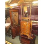 Assorted furniture, comprising a mahogany corner cabinet, television table, three tier oak cake