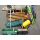 Various garden wares, comprising seed spreader, pressure sprayer, parasol, inspection trolley,