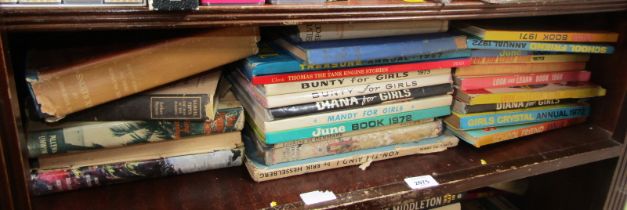 A collection of books, including Treasure Annuals, Dune, School Friend, Bunty, and others. (1