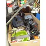 A Videomatic VMC 2000 camcorder, radio, cabinet plate, Sony camcorder, TomTom satnav, etc. (1 box)