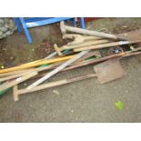 Various garden tools, to include pick axe, rakes, spades, forks, hay fork, etc. (a quantity)