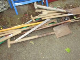 Various garden tools, to include pick axe, rakes, spades, forks, hay fork, etc. (a quantity)