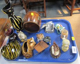 Decorative wares, comprising cat animal ornaments, Bambi Sylvac deer, Brazillian pottery, ashtray,