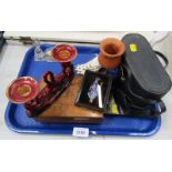 A desk stand, cased set of binoculars, jewellery box, candle stand, etc. (1 tray)