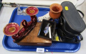 A desk stand, cased set of binoculars, jewellery box, candle stand, etc. (1 tray)