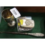 A silver handled button hook, silver plated Art Nouveau style Vesta case, EPNS goblet, an