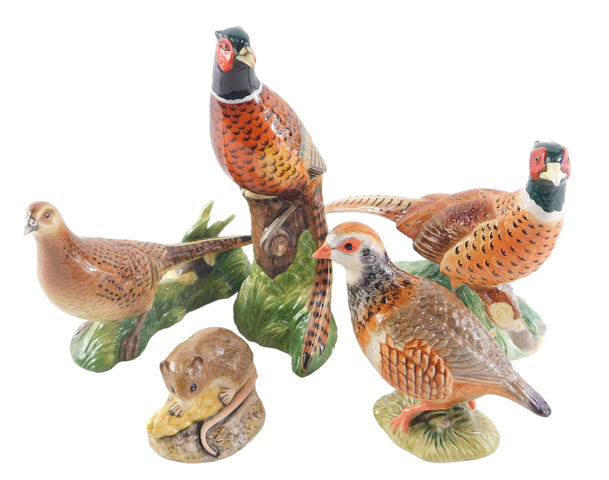 Four John Beswick birds, three pheasants and a partridge, and a Doulton mouse. (5)