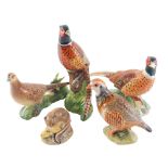 Four John Beswick birds, three pheasants and a partridge, and a Doulton mouse. (5)