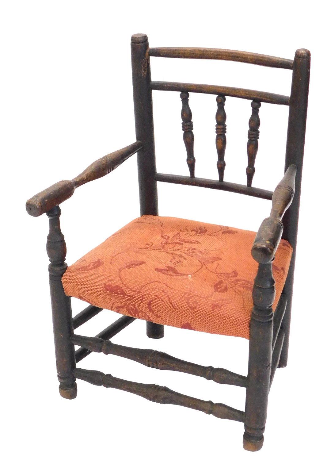 An 18thC country made child's open armchair, with spindled turned back and padded seat.