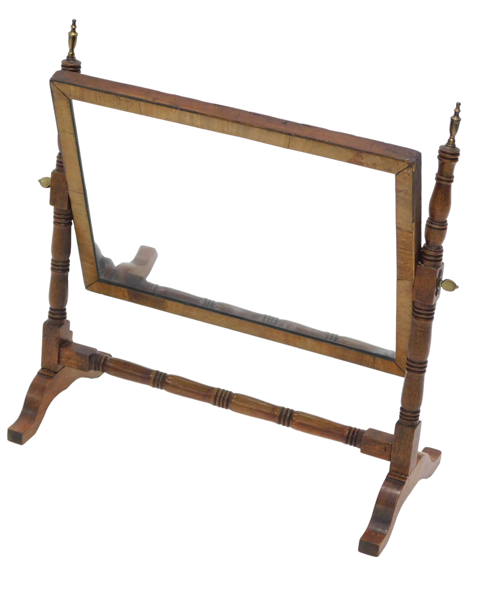 A mahogany spring framed dressing table mirror, with turned supports and rectangular plate, 43cm wid