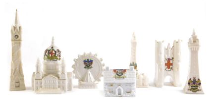 A collection of crested china, buildings to include Micklegate Bar York, Blackpool tower, St Paul's
