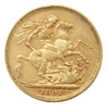 A Queen Victoria full gold sovereign, dated 1891.