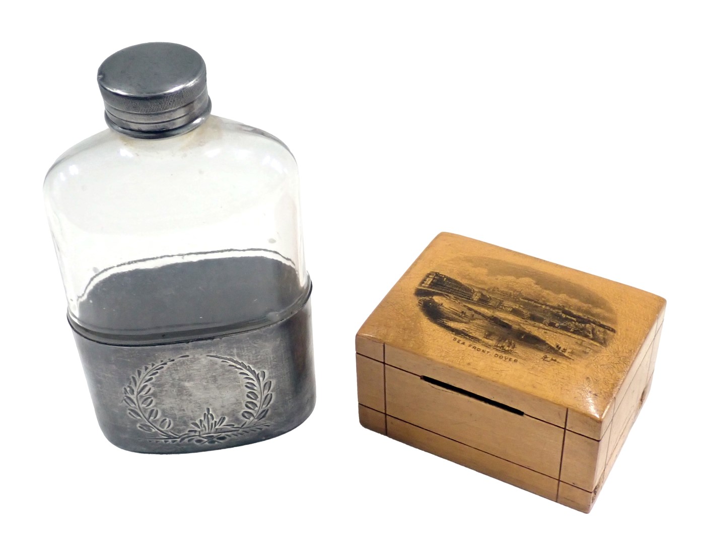 A sea front Dover Mauchline ware box, and a silver plated and moulded glass hip flask. (2)