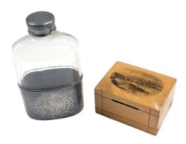A sea front Dover Mauchline ware box, and a silver plated and moulded glass hip flask. (2)