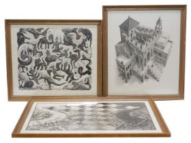 After Escher. Mosaic 2, monochrome print, 53cm x 64cm, and two other prints after the artist. (3)