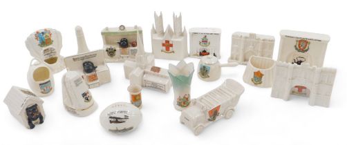 A collection of crested china, to include a City of Lincoln Lincoln Stonebow, fireplace, Rock of Age